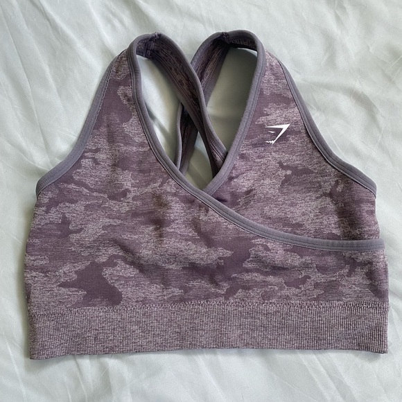 GYMSHARK CAMO SEAMLESS SPORTS BRA -PURPLE - SZ MED - Picture 1 of 3